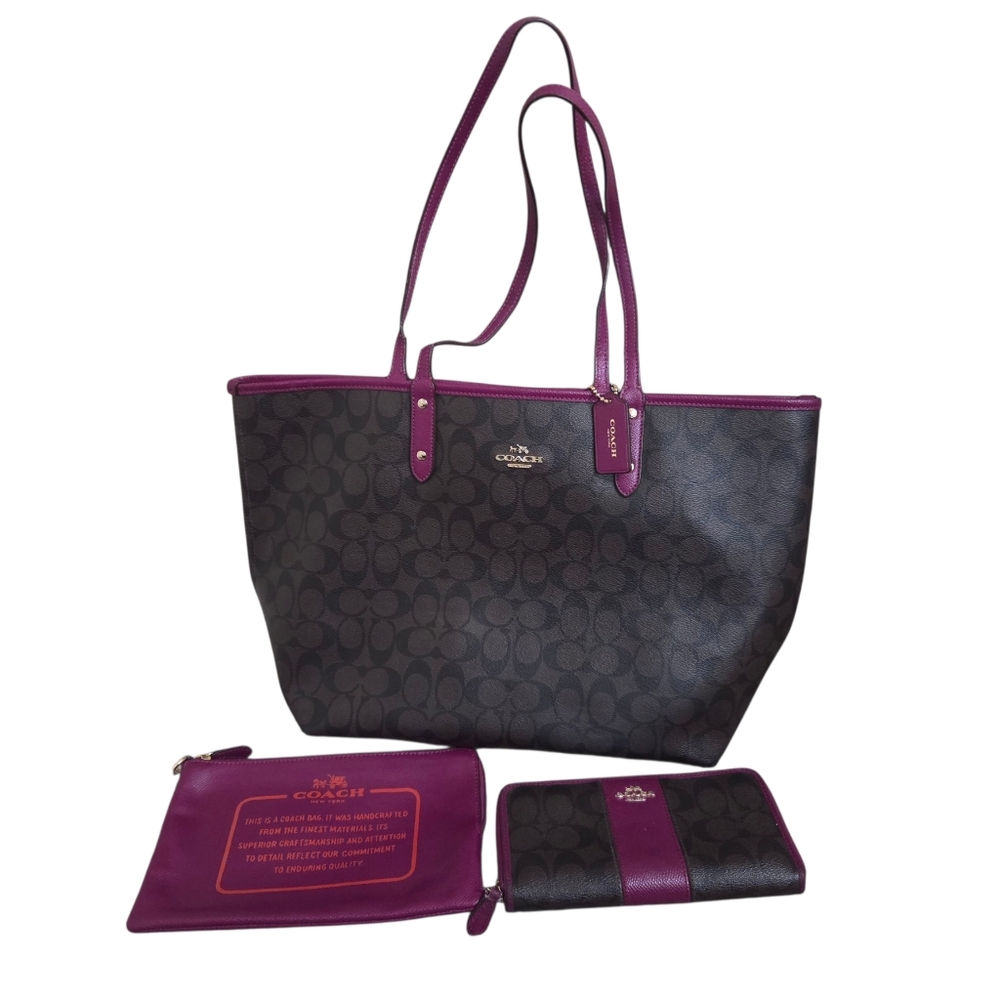 Coach Dark Brown Signature Tote with Magenta Trim and Matching Wallet & Pouch